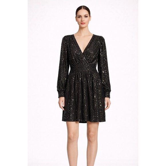 MICHAEL KORS Black Sequin V‎ Neck Long Sleeve Smocked Waist Women's size P/L